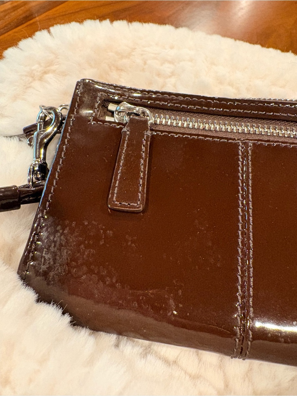 Coach Brown Patent Leather Wristlet with large animal print scarf - Picture 7 of 13